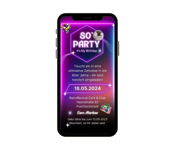 Digitale Einladung Mottoparty 80er Jahre